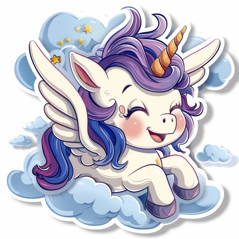 Cute Kawaii Stickers Adorable Cartoon Unicorn with Wings Flying Through Clouds on White Background (105)