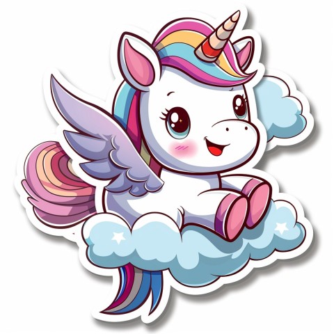 Cute Kawaii Stickers Adorable Cartoon Unicorn with Wings Flying Through Clouds on White Background (111)