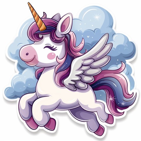 Cute Kawaii Stickers Adorable Cartoon Unicorn with Wings Flying Through Clouds on White Background (119)