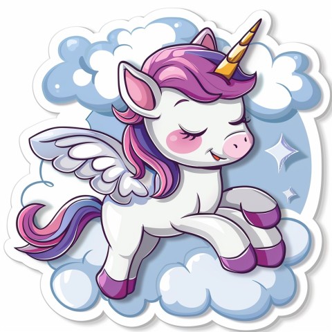 Cute Kawaii Stickers Adorable Cartoon Unicorn with Wings Flying Through Clouds on White Background (138)