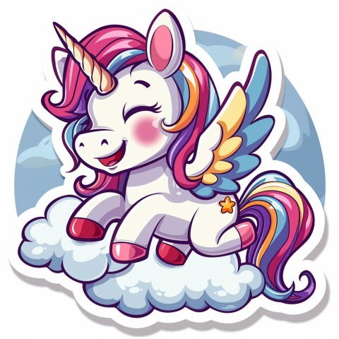 Cute Kawaii Stickers Adorable Cartoon Unicorn with Wings Flying Through Clouds on White Background (117)