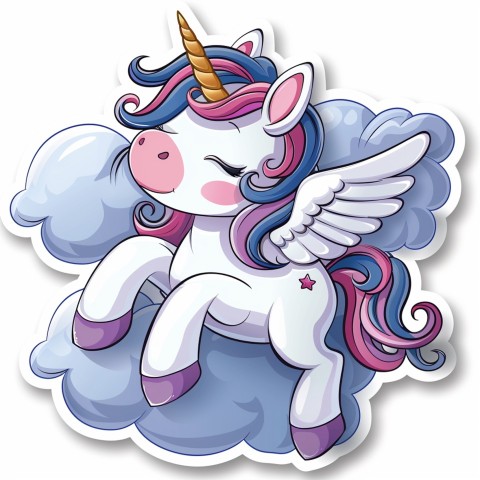 Cute Kawaii Stickers Adorable Cartoon Unicorn with Wings Flying Through Clouds on White Background (128)