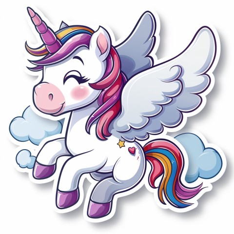 Cute Kawaii Stickers Adorable Cartoon Unicorn with Wings Flying Through Clouds on White Background (132)