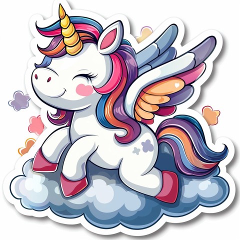 Cute Kawaii Stickers Adorable Cartoon Unicorn with Wings Flying Through Clouds on White Background (131)