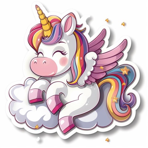 Cute Kawaii Stickers Adorable Cartoon Unicorn with Wings Flying Through Clouds on White Background (115)