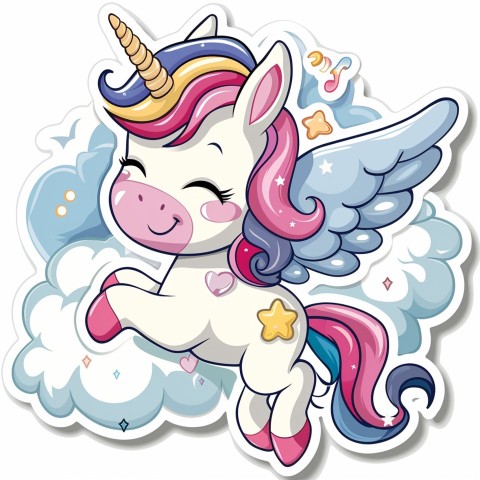 Cute Kawaii Stickers Adorable Cartoon Unicorn with Wings Flying Through Clouds on White Background (142)