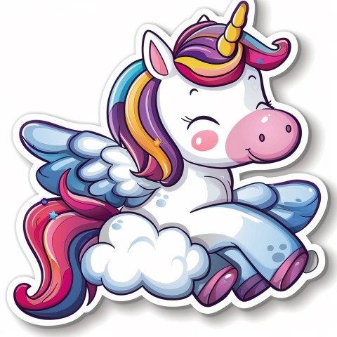 Cute Kawaii Stickers Adorable Cartoon Unicorn with Wings Flying Through Clouds on White Background (140)