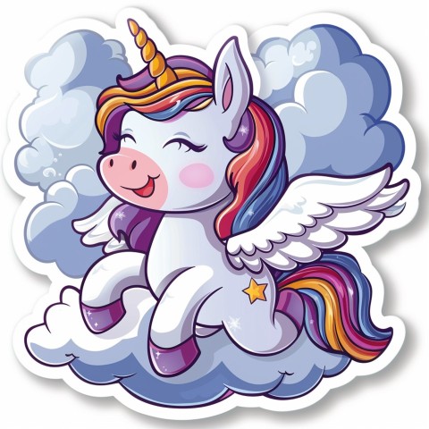 Cute Kawaii Stickers Adorable Cartoon Unicorn with Wings Flying Through Clouds on White Background (114)