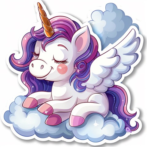 Cute Kawaii Stickers Adorable Cartoon Unicorn with Wings Flying Through Clouds on White Background (118)