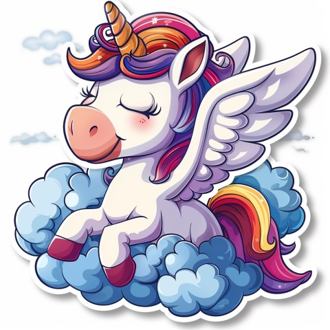 Cute Kawaii Stickers Adorable Cartoon Unicorn with Wings Flying Through Clouds on White Background (120)