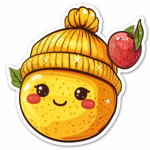 Cute Kawaii Stickers Aesthetic Minimalistic Lemon with Beanie Design on White Background (42)