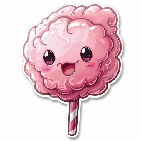 Cute Kawaii Stickers Candyfloss Character Face with Thick Line Illustration on White Background (3)