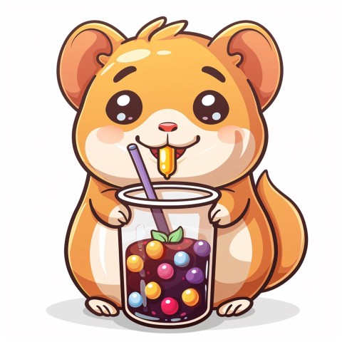 Cute Kawaii Stickers Cartoon Baby Hamster Drinking Boba Tea on White Background (44)