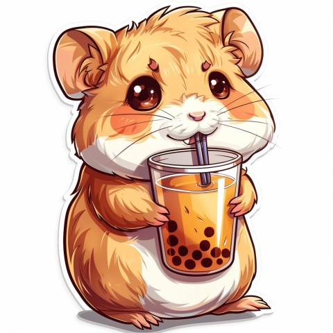 Cute Kawaii Stickers Cartoon Baby Hamster Drinking Boba Tea on White Background (93)