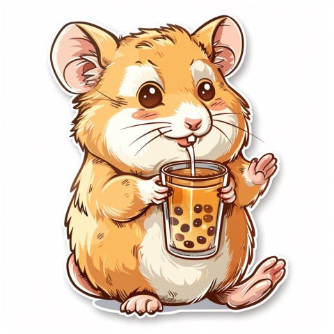 Cute Kawaii Stickers Cartoon Baby Hamster Drinking Boba Tea on White Background (98)