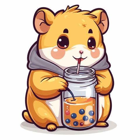 Cute Kawaii Stickers Cartoon Baby Hamster Drinking Boba Tea on White Background (106)