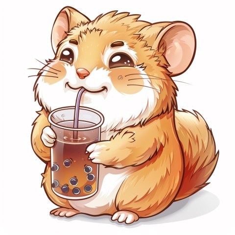 Cute Kawaii Stickers Cartoon Baby Hamster Drinking Boba Tea on White Background (113)