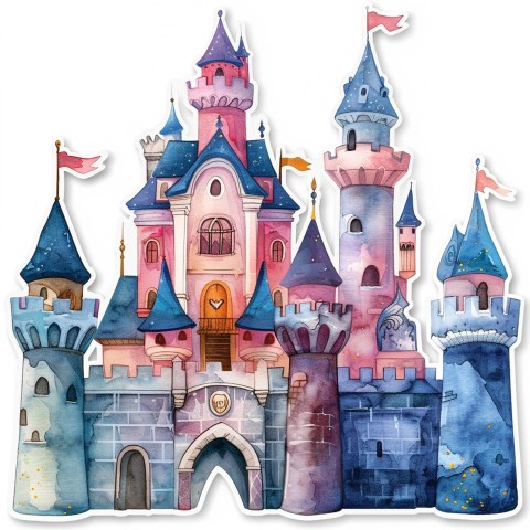 Cute Kawaii Stickers Charming Castle with Smiling Princess on White Background (2)