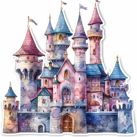 Cute Kawaii Stickers Charming Castle with Smiling Princess on White Background (21)