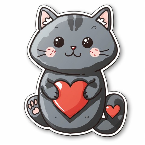 Cute Kawaii Stickers Grey Cat with Heartfelt Simple Line Drawing on White Background (20)