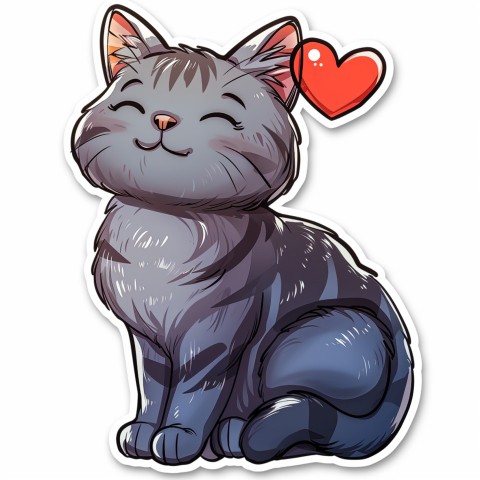 Cute Kawaii Stickers Grey Cat with Heartfelt Simple Line Drawing on White Background (13)