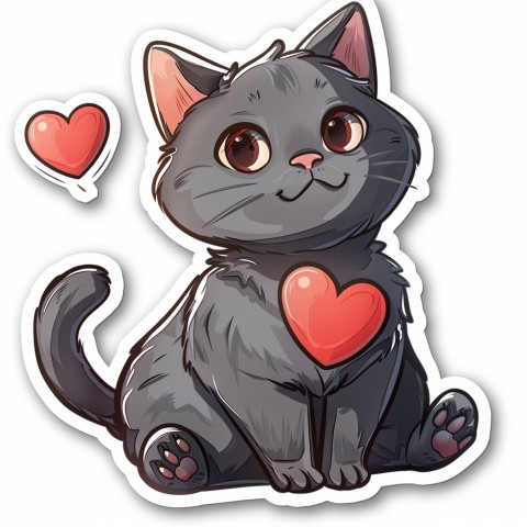 Cute Kawaii Stickers Grey Cat with Heartfelt Simple Line Drawing on White Background (14)