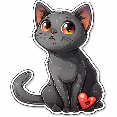 Cute Kawaii Stickers Grey Cat with Heartfelt Simple Line Drawing on White Background (37)