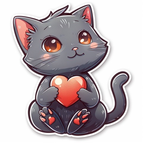 Cute Kawaii Stickers Grey Cat with Heartfelt Simple Line Drawing on White Background (27)