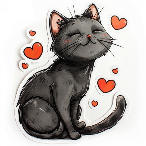 Cute Kawaii Stickers Grey Cat with Heartfelt Simple Line Drawing on White Background (59)