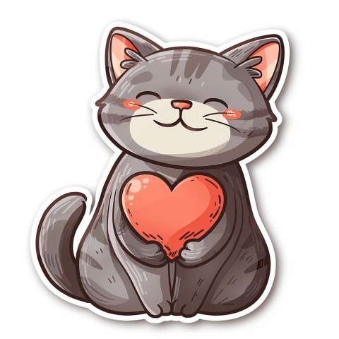 Cute Kawaii Stickers Grey Cat with Heartfelt Simple Line Drawing on White Background (73)