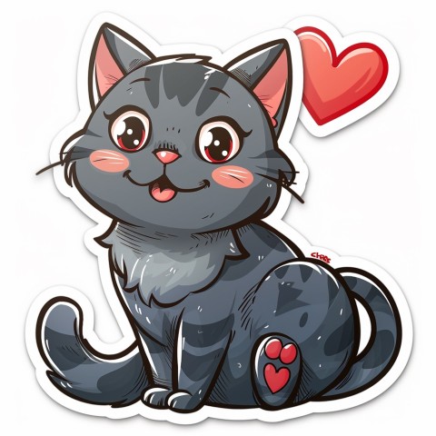 Cute Kawaii Stickers Grey Cat with Heartfelt Simple Line Drawing on White Background (85)