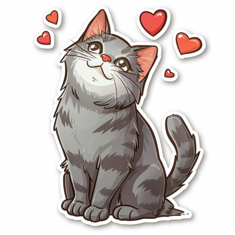 Cute Kawaii Stickers Grey Cat with Heartfelt Simple Line Drawing on White Background (87)