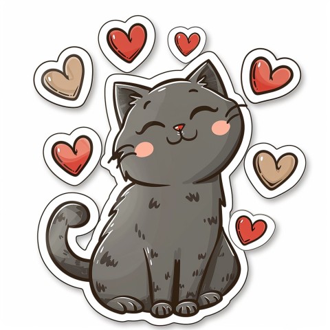 Cute Kawaii Stickers Grey Cat with Heartfelt Simple Line Drawing on White Background (120)