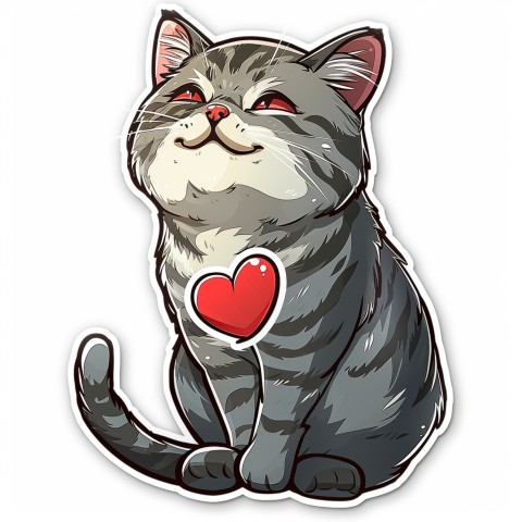 Cute Kawaii Stickers Grey Cat with Heartfelt Simple Line Drawing on White Background (118)