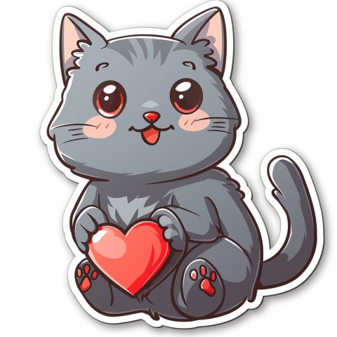 Cute Kawaii Stickers Grey Cat with Heartfelt Simple Line Drawing on White Background (155)