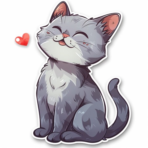 Cute Kawaii Stickers Grey Cat with Heartfelt Simple Line Drawing on White Background (186)