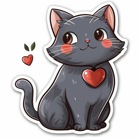 Cute Kawaii Stickers Grey Cat with Heartfelt Simple Line Drawing on White Background (188)