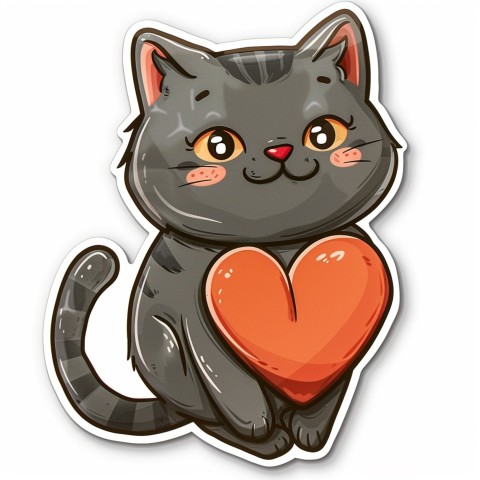 Cute Kawaii Stickers Grey Cat with Heartfelt Simple Line Drawing on White Background (181)