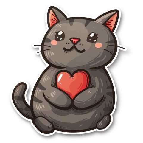 Cute Kawaii Stickers Grey Cat with Heartfelt Simple Line Drawing on White Background (228)