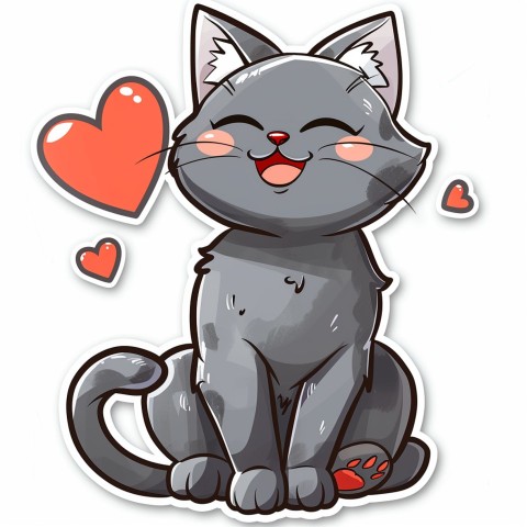 Cute Kawaii Stickers Grey Cat with Heartfelt Simple Line Drawing on White Background (221)