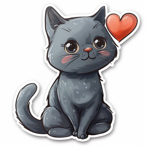 Cute Kawaii Stickers Grey Cat with Heartfelt Simple Line Drawing on White Background (220)