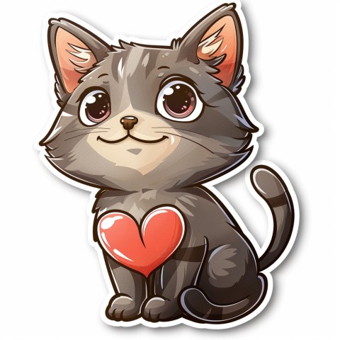 Cute Kawaii Stickers Grey Cat with Heartfelt Simple Line Drawing on White Background (218)