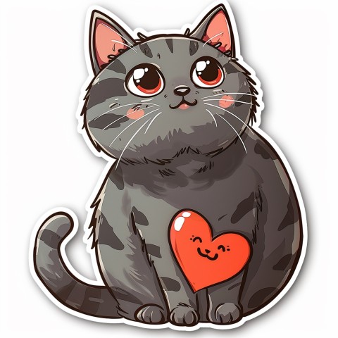 Cute Kawaii Stickers Grey Cat with Heartfelt Simple Line Drawing on White Background (217)