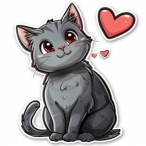 Cute Kawaii Stickers Grey Cat with Heartfelt Simple Line Drawing on White Background (225)