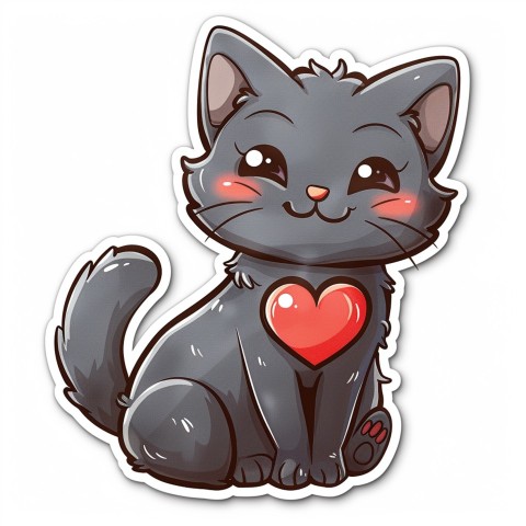 Cute Kawaii Stickers Grey Cat with Heartfelt Simple Line Drawing on White Background (222)