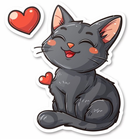 Cute Kawaii Stickers Grey Cat with Heartfelt Simple Line Drawing on White Background (237)