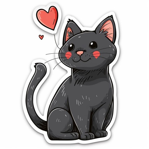 Cute Kawaii Stickers Grey Cat with Heartfelt Simple Line Drawing on White Background (245)