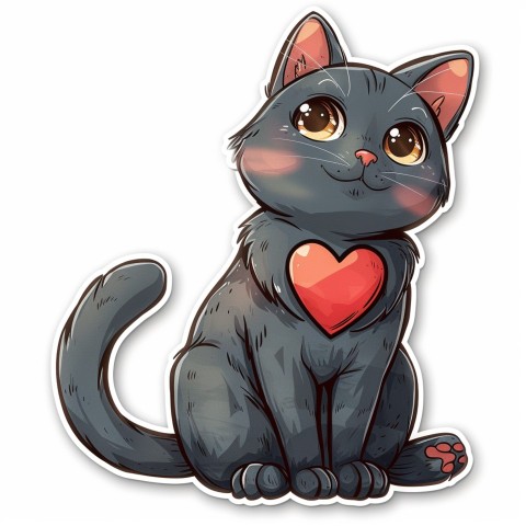 Cute Kawaii Stickers Grey Cat with Heartfelt Simple Line Drawing on White Background (232)