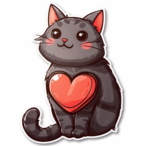 Cute Kawaii Stickers Grey Cat with Heartfelt Simple Line Drawing on White Background (242)