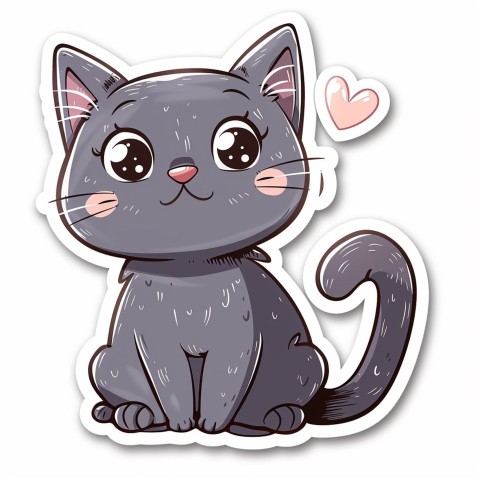 Cute Kawaii Stickers Grey Cat with Heartfelt Simple Line Drawing on White Background (231)